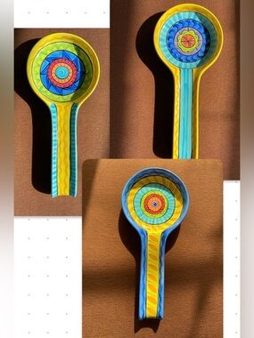 3 Hand-Painted Ceramic Spoons Rest in Bright Yellow & Blue &Red